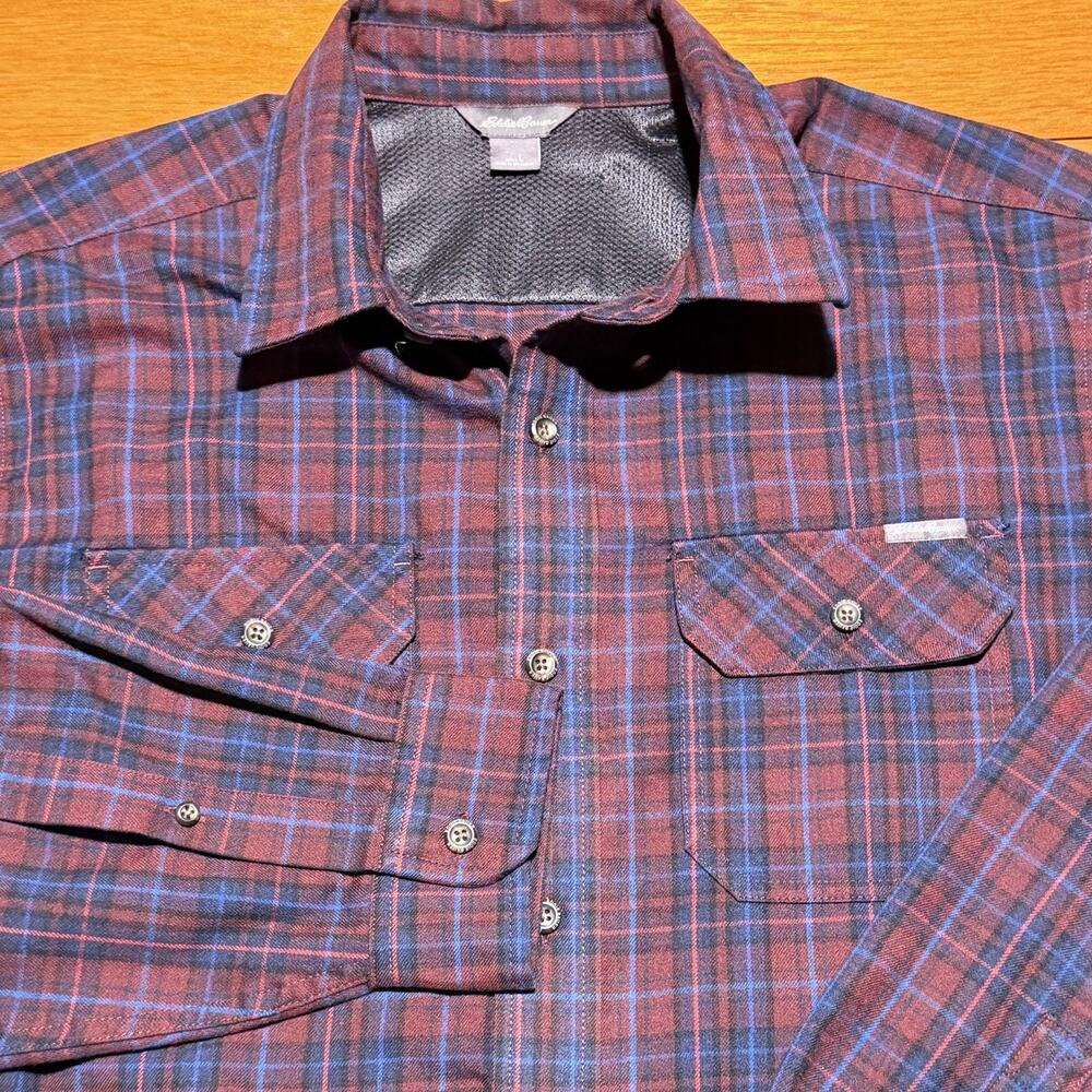 Eddie Bauer Plaid Flannel Shirt Men’s Size Large Long Sleeve Fall Colors Preppy